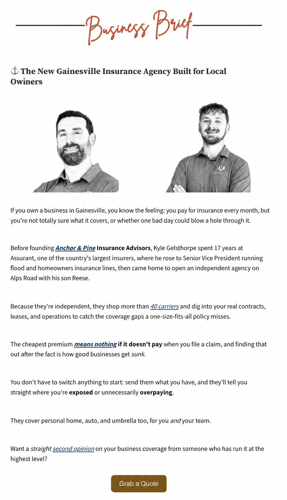 Example Gainesville Scoop sponsored feature for Anchor & Pine Insurance Advisors